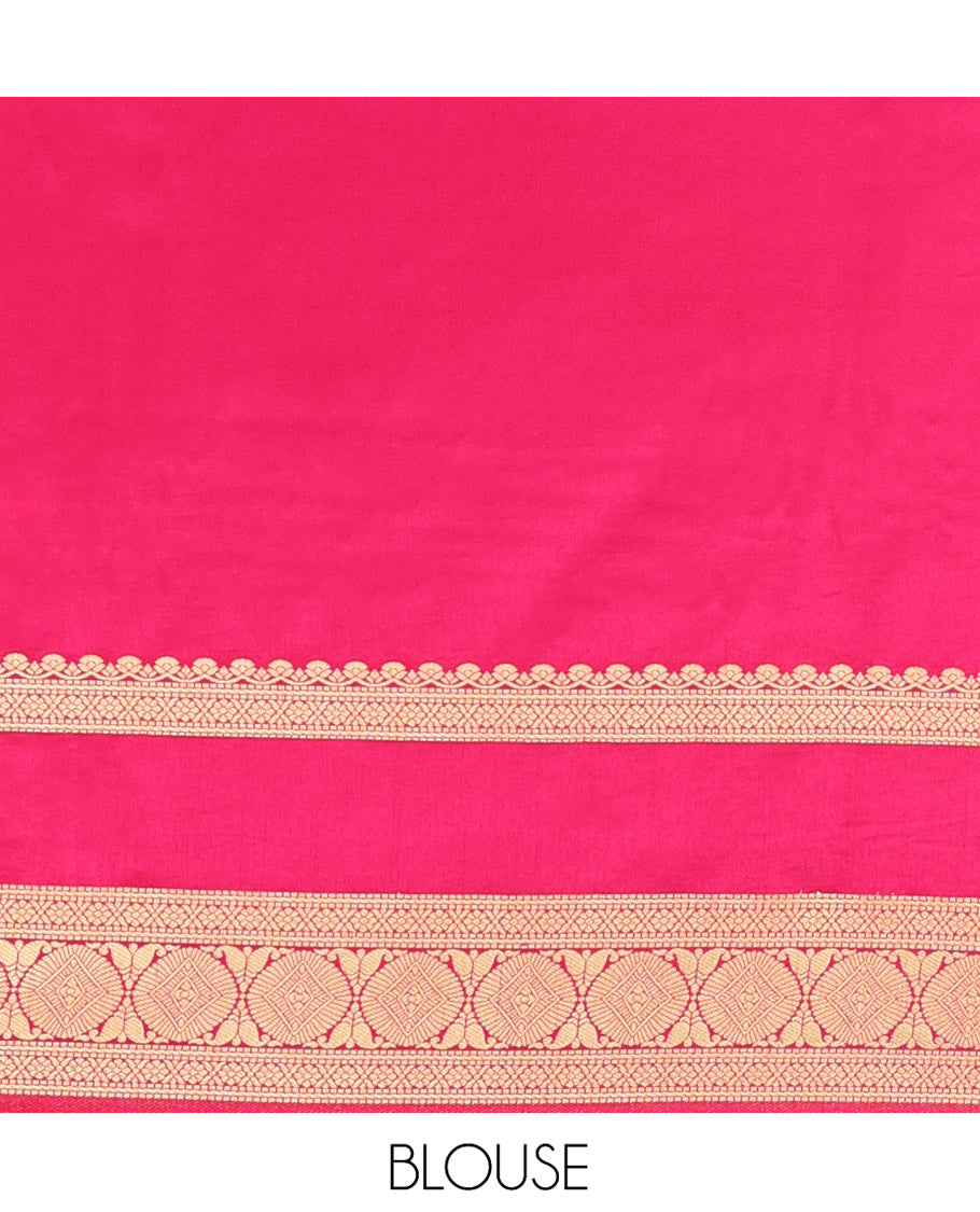 Mustard Yellow Dupion Silk Saree, Embellished with Buttas All Over Its Body, Complemented by Contrast Traditional Border of Paisleys and Chakram Designs, Intricately Designed Pallu, and Paired with a Contrast Blouse