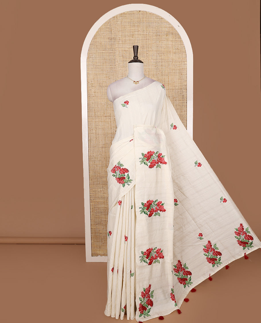Borderless white rose flower motifs embroidered matka silk saree, red rose motifs embroidered pallu