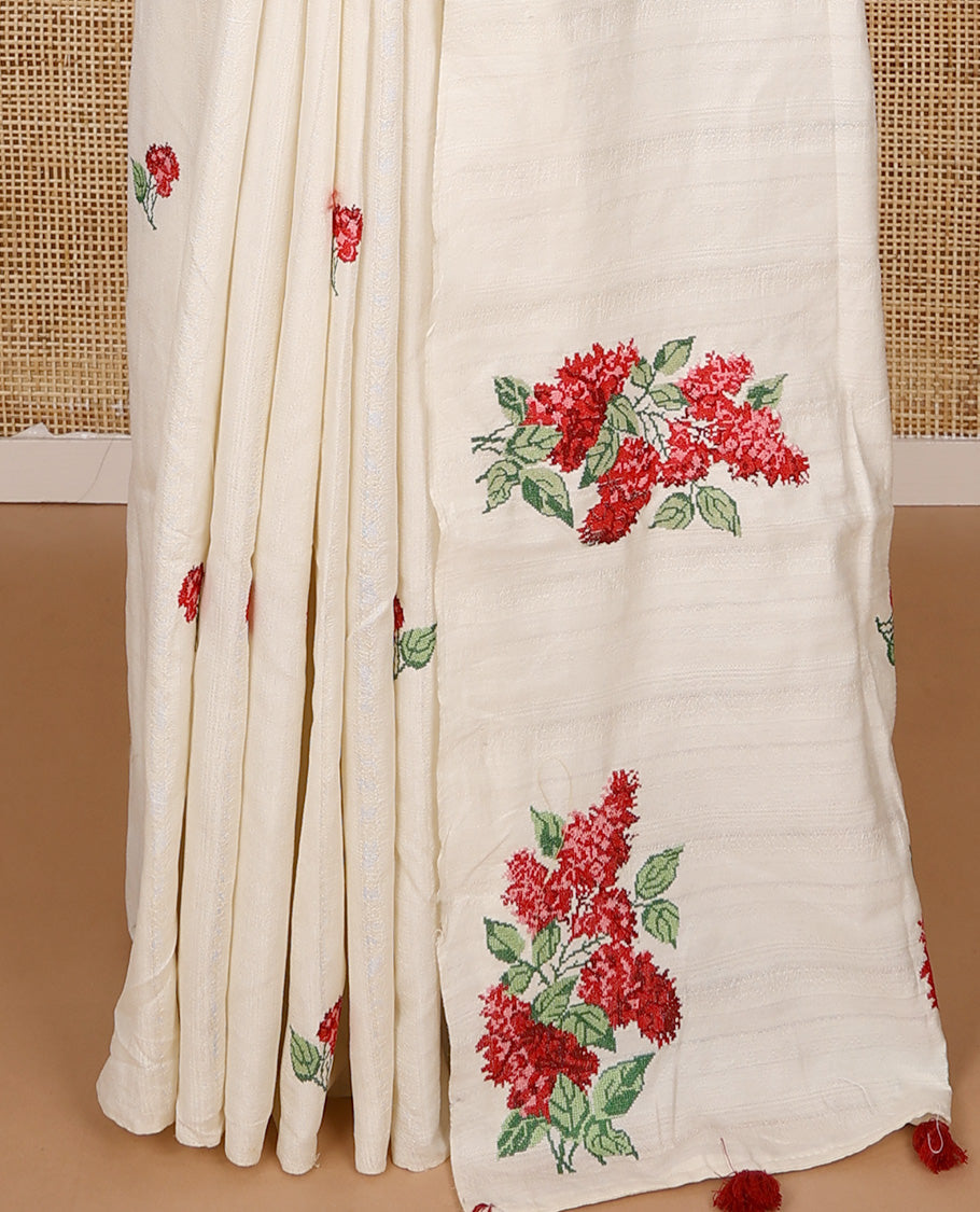 Borderless white rose flower motifs embroidered matka silk saree, red rose motifs embroidered pallu