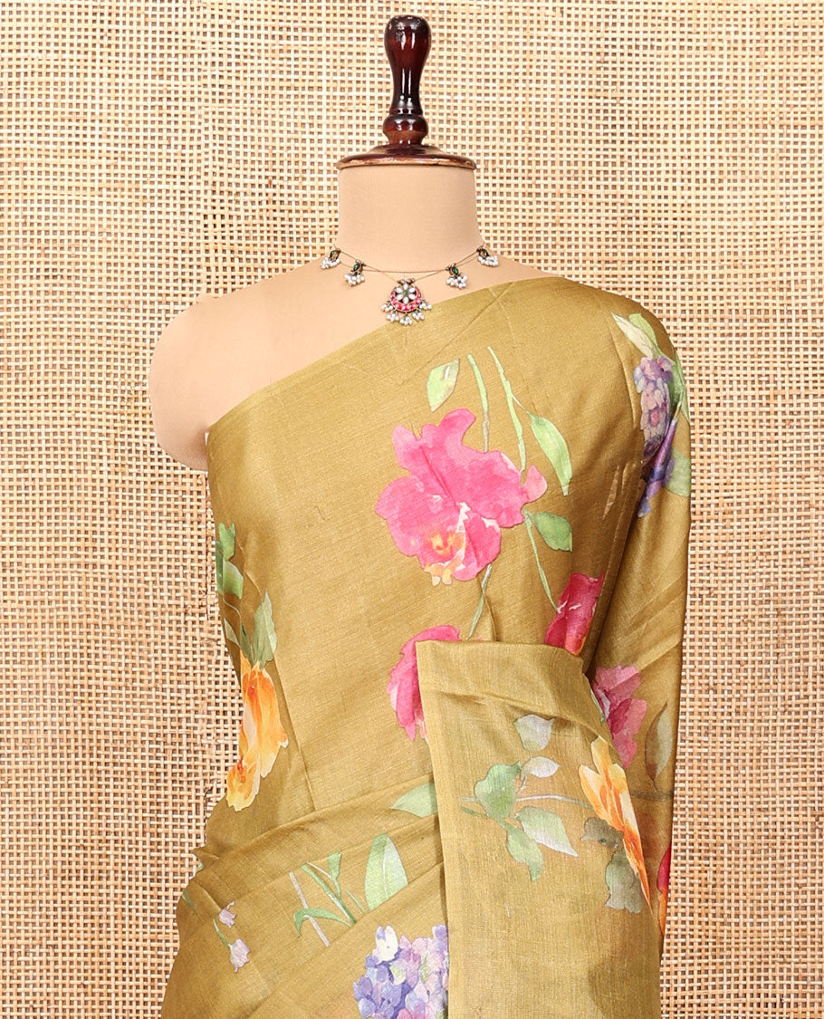 Borderless Green Tussar Silk Saree, Finely Printed with Floral Motifs On Its Body, Subtly Floral Printed Pallu and Paired with a Printed Blouse