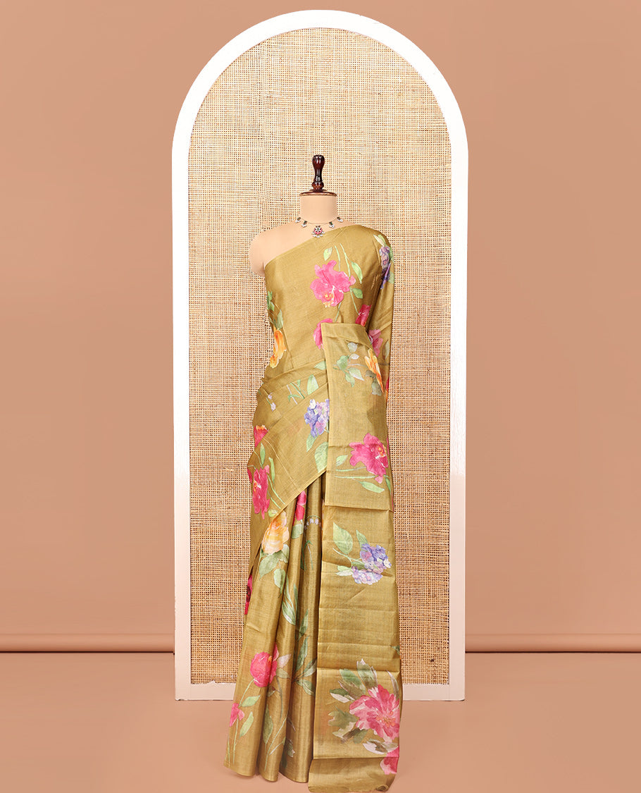 Borderless Green Tussar Silk Saree, Finely Printed with Floral Motifs On Its Body, Subtly Floral Printed Pallu and Paired with a Printed Blouse