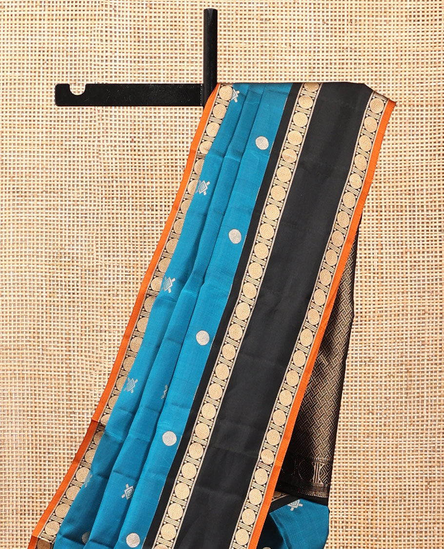 Blue Buttas Vasundhara Lite Silkmix Saree, Contrast Rettai-Pettu Border, Contrast Blouse