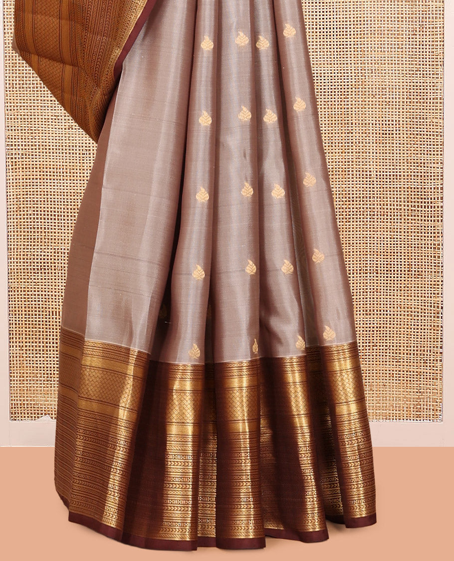 Grey-Brown Zari Buttas Vasundhara Lite Silk Mix Saree, Contrast Traditional Border, and Contrast Blouse
