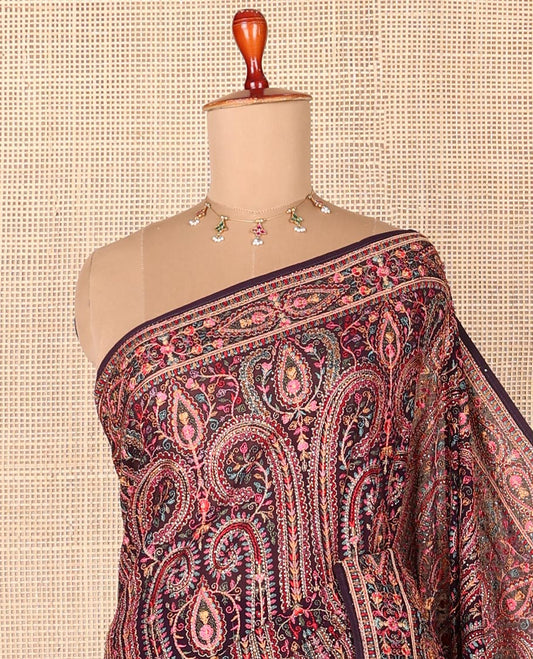 Wine color designer saree featuring kaleidoscopic-colored intricate & heavy thread embroidery