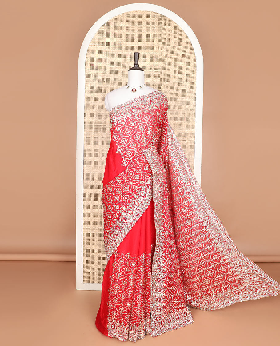 Dazzling red jaal pattern Gota patti embroidered designer saree, self-scallop Gota patti embroidered border