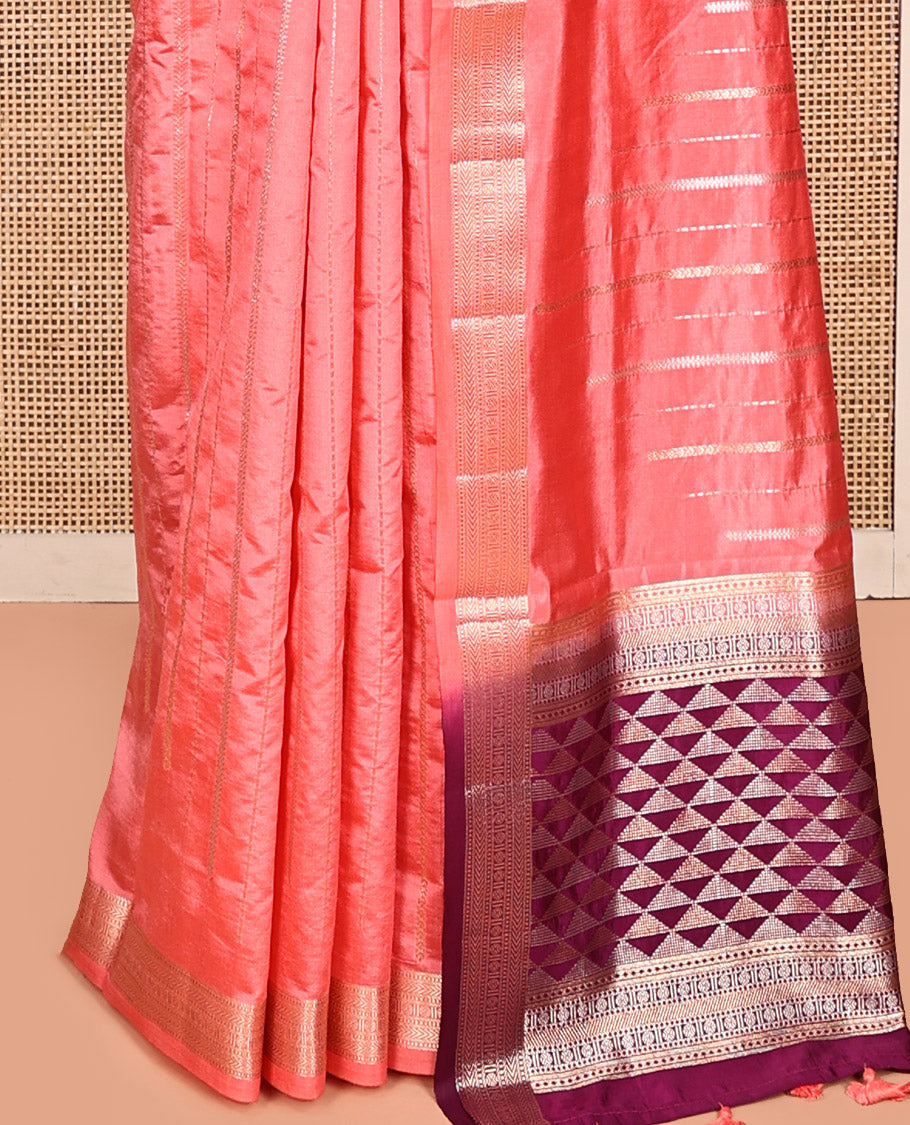 Pink Dupion Silk Saree, Bedecked with Zari Stripes, Highlighted by a Traditional Zari Design Border, Contrast Pallu of Geometric Design, and a Contrast Blouse