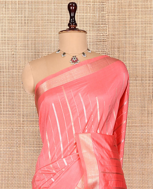 Pink Dupion Silk Saree, Bedecked with Zari Stripes, Highlighted by a Traditional Zari Design Border, Contrast Pallu of Geometric Design, and a Contrast Blouse