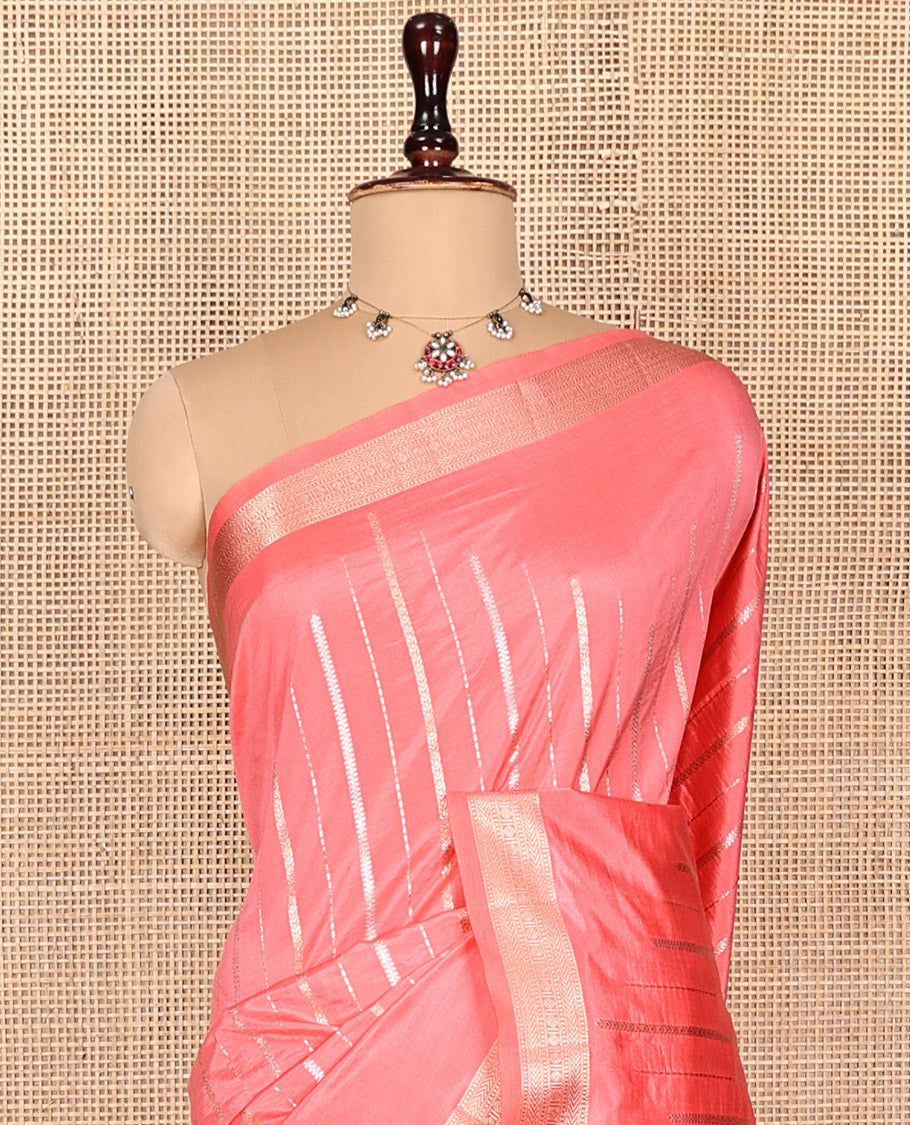 Pink Dupion Silk Saree, Bedecked with Zari Stripes, Highlighted by a Traditional Zari Design Border, Contrast Pallu of Geometric Design, and a Contrast Blouse
