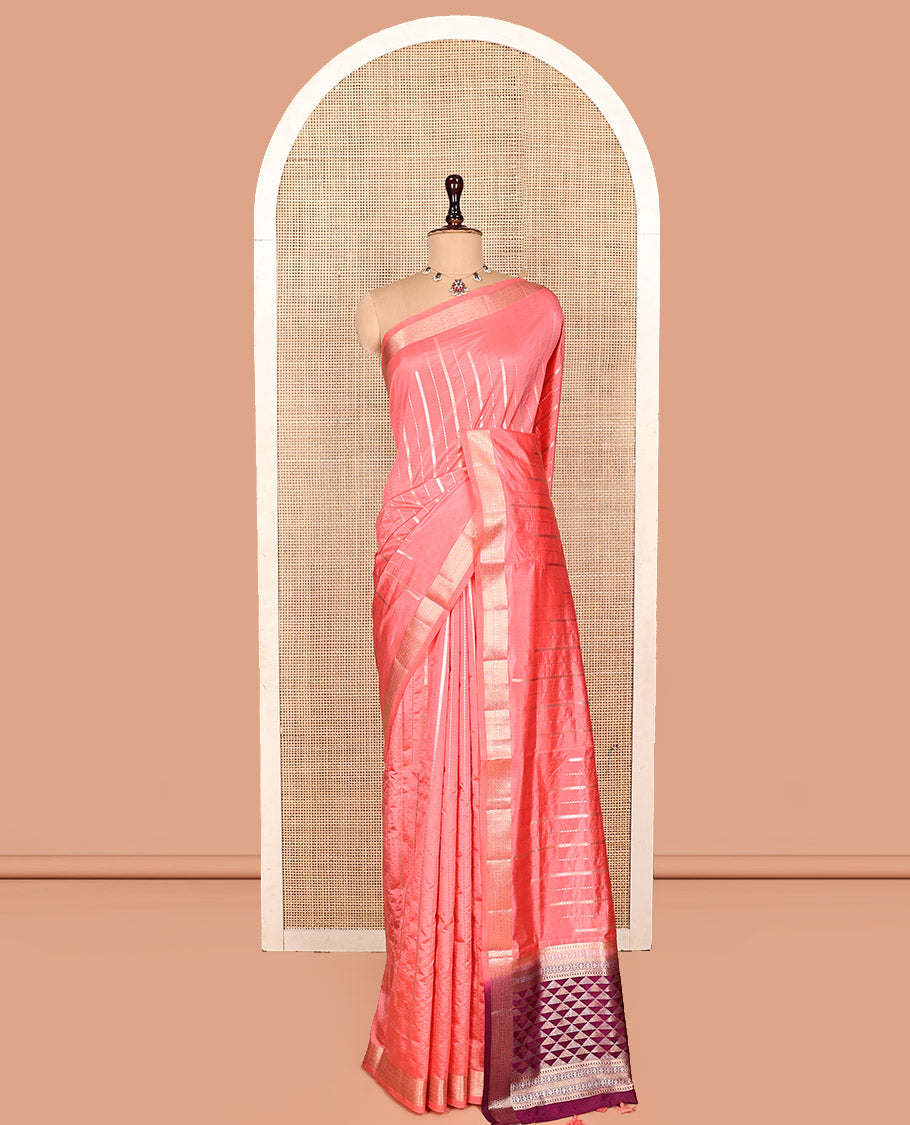 Pink Dupion Silk Saree, Bedecked with Zari Stripes, Highlighted by a Traditional Zari Design Border, Contrast Pallu of Geometric Design, and a Contrast Blouse