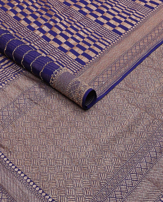 Blue checkered banaras khadi georgettte saree with self zari design border & floral design pallu