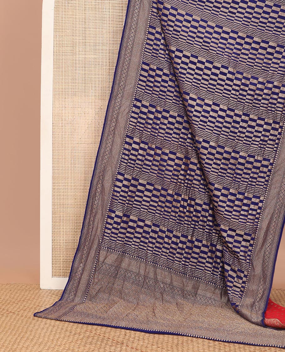 Blue checkered banaras khadi georgettte saree with self zari design border & floral design pallu