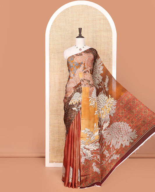 Borderless Multi-Color Georgette Saree Meticulously Printed with Themed Floral and Paisley Motifs, Complemented by a Floral-Printed Pallu, and Paired with a Contrast-Printed Blouse