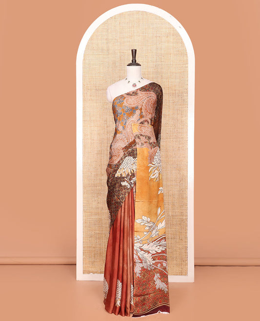 Borderless Multi-Color Georgette Saree Meticulously Printed with Themed Floral and Paisley Motifs, Complemented by a Floral-Printed Pallu, and Paired with a Contrast-Printed Blouse