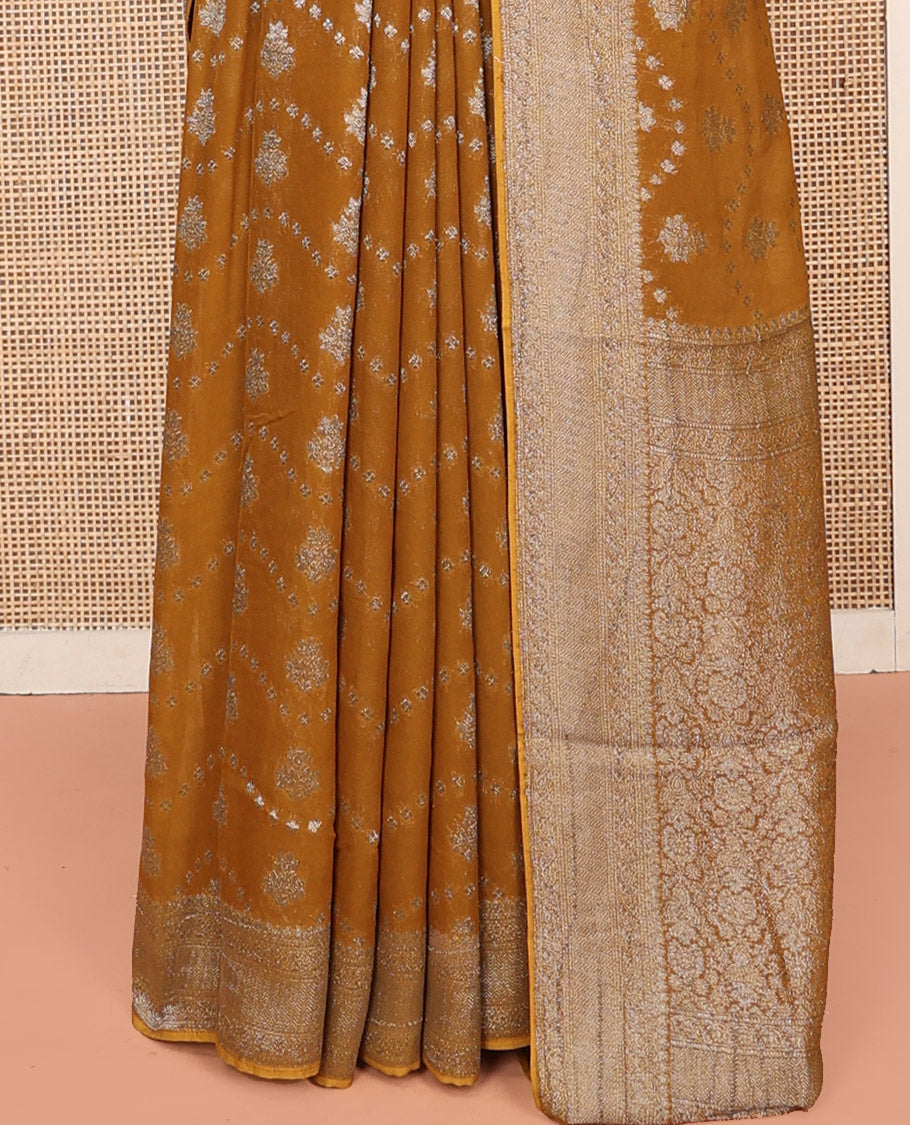 Mustard Georgette Saree, Adorned with Buttas and Stripes, Highlighted by a Traditional Border, Intricately Designed Pallu, and a Matching Blouse