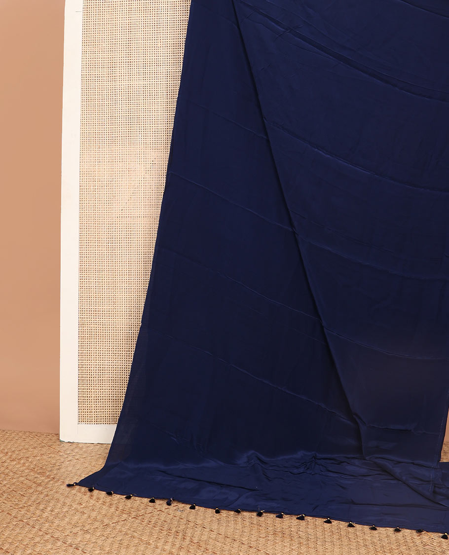 Borderless dark blue kamala silk saree with floral printed blouse