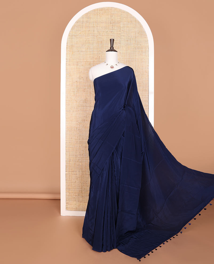 Borderless dark blue kamala silk saree with floral printed blouse