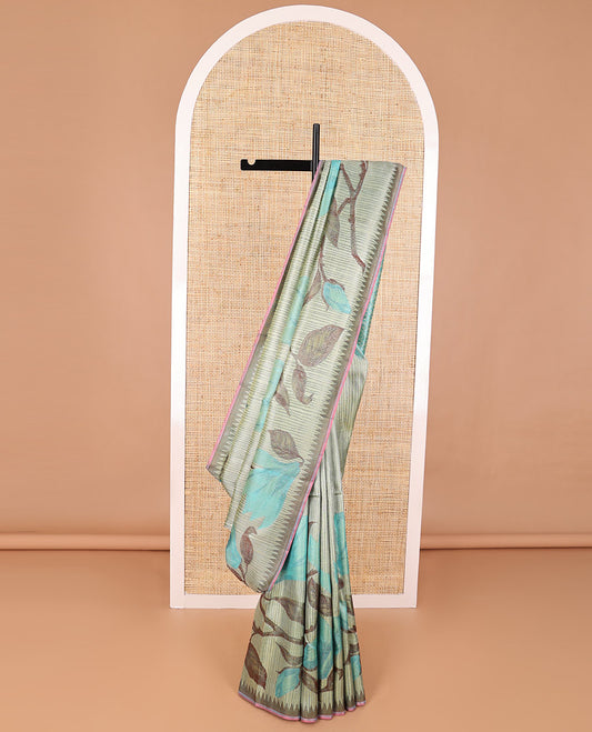 Mint green striped, floral design kanchipuram designer silk saree with contrast temple border & floral zari design pallu