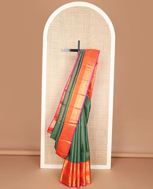 Green zari buttas silk saree, contrast korvai rettai pettu border of thilakam mokku, muthu, poun, manga & mayil designs & jaal pallu