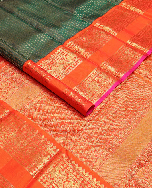 Green zari buttas silk saree, contrast korvai rettai pettu border of thilakam mokku, muthu, poun, manga & mayil designs & jaal pallu