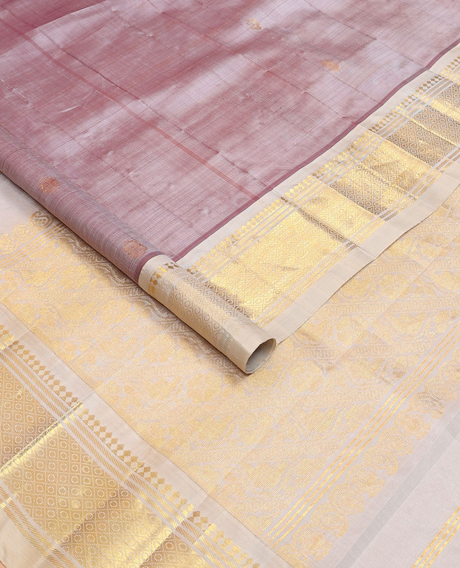 Mauve zari buttas kanchipuram silksaree, contrast one-sided border of paneer sombu,banaras & jaal & zari  design pallu
