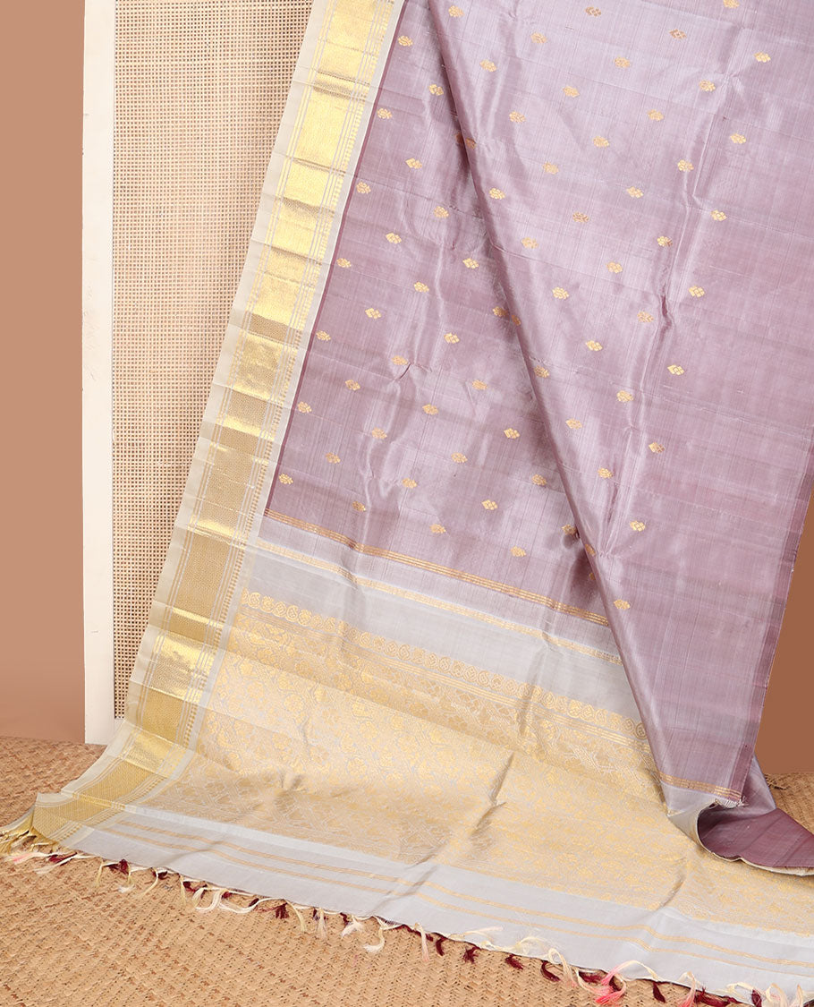 Mauve zari buttas kanchipuram silksaree, contrast one-sided border of paneer sombu,banaras & jaal & zari  design pallu