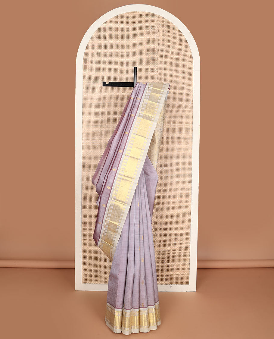 Mauve zari buttas kanchipuram silksaree, contrast one-sided border of paneer sombu,banaras & jaal & zari  design pallu