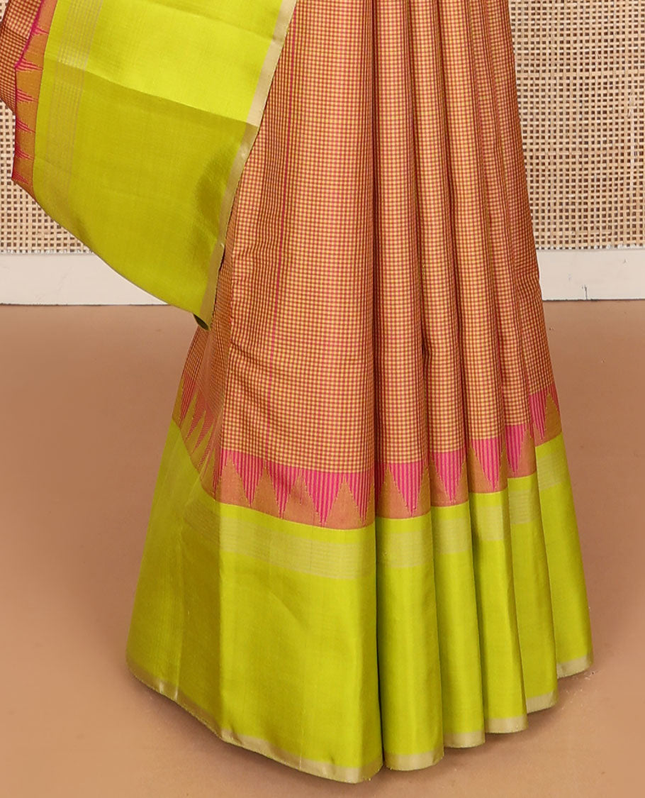 Pink micro-checked kanchipuram silk saree, contrast thazampoo rekku border & pallu of stripes & pillaiyar mokku designs