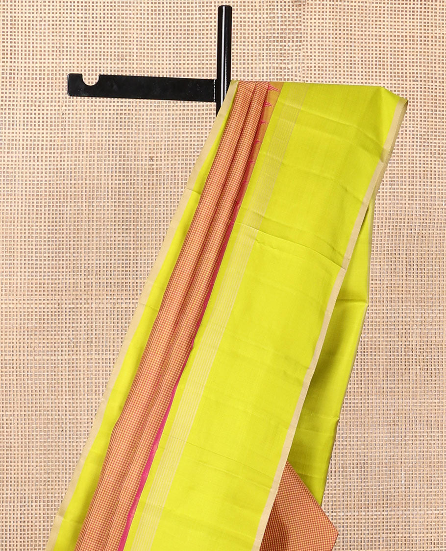 Pink micro-checked kanchipuram silk saree, contrast thazampoo rekku border & pallu of stripes & pillaiyar mokku designs