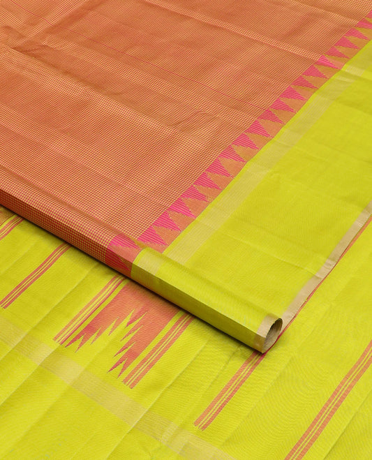 Pink micro-checked kanchipuram silk saree, contrast thazampoo rekku border & pallu of stripes & pillaiyar mokku designs