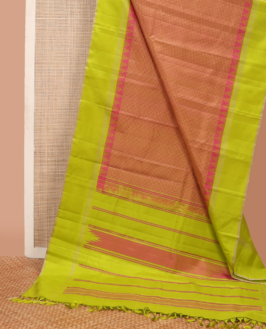 Pink micro-checked kanchipuram silk saree, contrast thazampoo rekku border & pallu of stripes & pillaiyar mokku designs