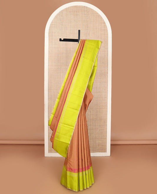 Pink micro-checked kanchipuram silk saree, contrast thazampoo rekku border & pallu of stripes & pillaiyar mokku designs