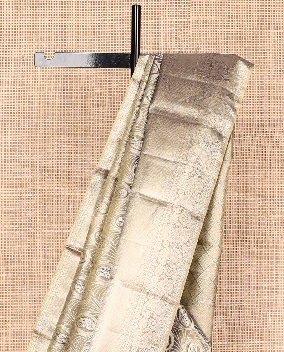 Grey jacquard tissue silk saree, jaal pallu & zari border of thilakam, kathir, rettai neli poun, rudraksham, floral & paisleys