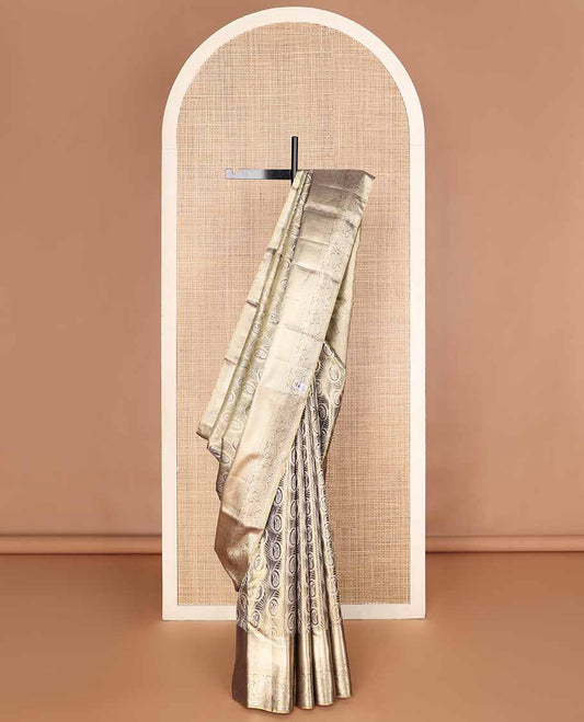 Grey jacquard tissue silk saree, jaal pallu & zari border of thilakam, kathir, rettai neli poun, rudraksham, floral & paisleys