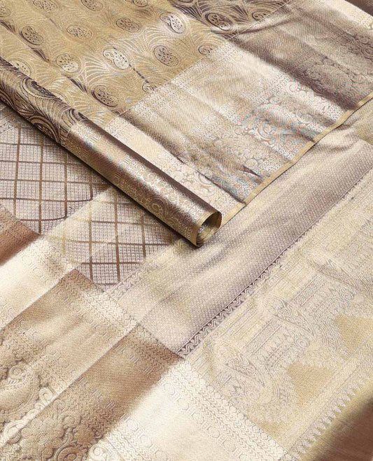Grey jacquard tissue silk saree, jaal pallu & zari border of thilakam, kathir, rettai neli poun, rudraksham, floral & paisleys