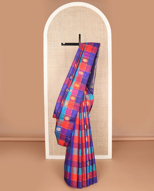Borderless multi-color annam chakram butta enclosed checked Kanchipuram silk saree, intricately designed pallu