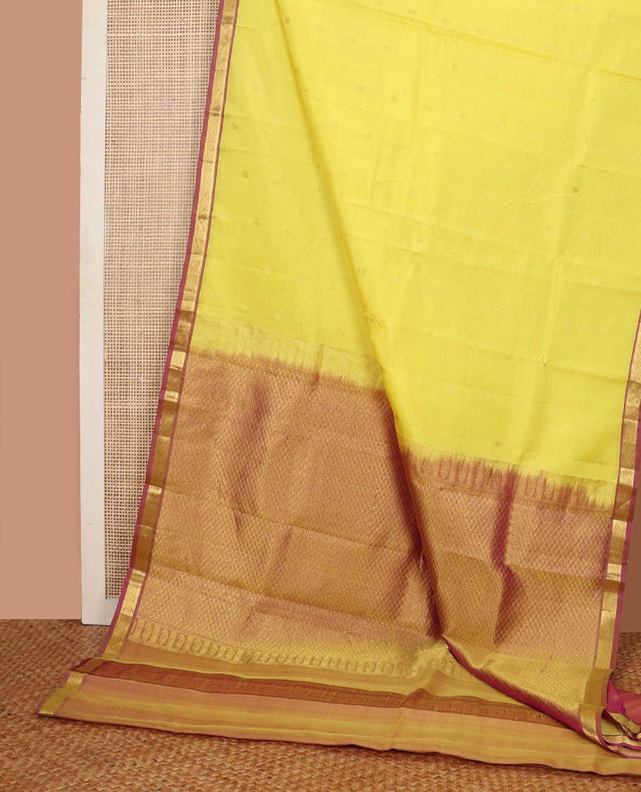 Yellow zari buttas Kanchipuram silk saree, contrast border of rekku,muthu,banaras & jaal design & pallu of jaal designs