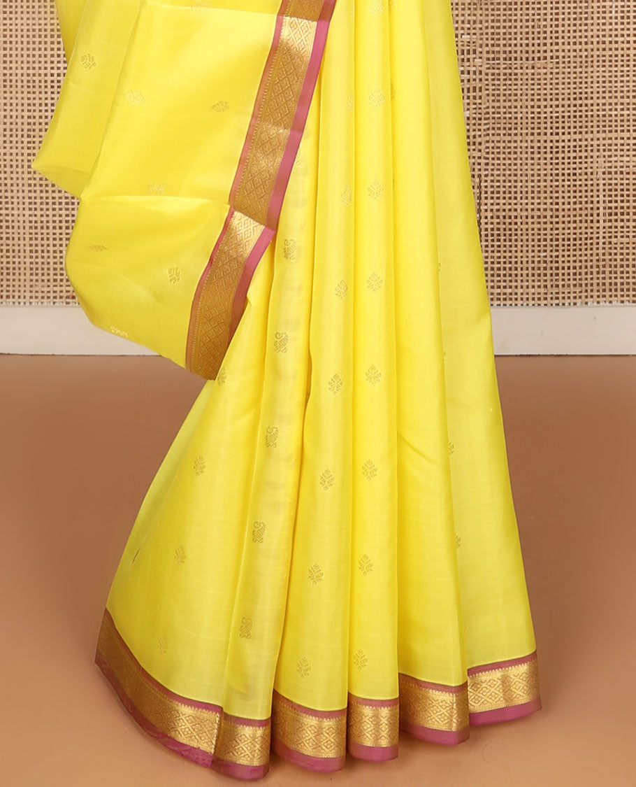 Yellow zari buttas Kanchipuram silk saree, contrast border of rekku,muthu,banaras & jaal design & pallu of jaal designs