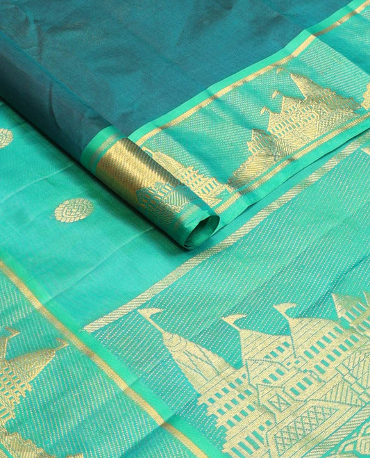 Blue annam chakram buttas silk saree, contrast ganga jamuna border & pallu of fort motifs woven in zari