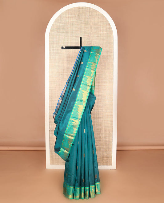 Blue annam chakram buttas silk saree, contrast ganga jamuna border & pallu of fort motifs woven in zari