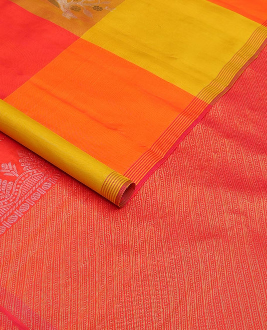 Multi-colored bird buttas enclosed macro-checked Kanchipuram silk saree, striped piping border, and zari-rich pallu