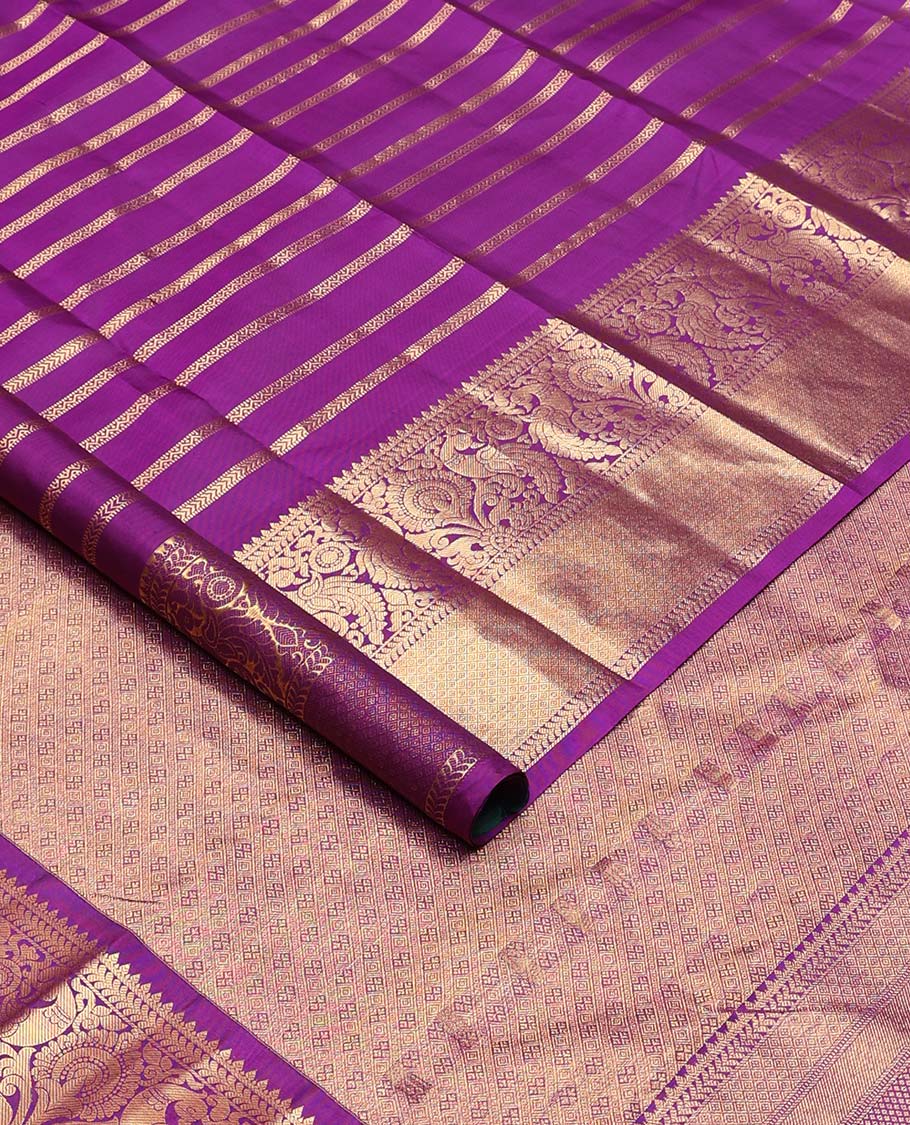 Purple neli, and kathir buttas Kanchipuram silks saree, zari border of thilakam, kathir, mayil, and mayil kann designa, and intricate pallu