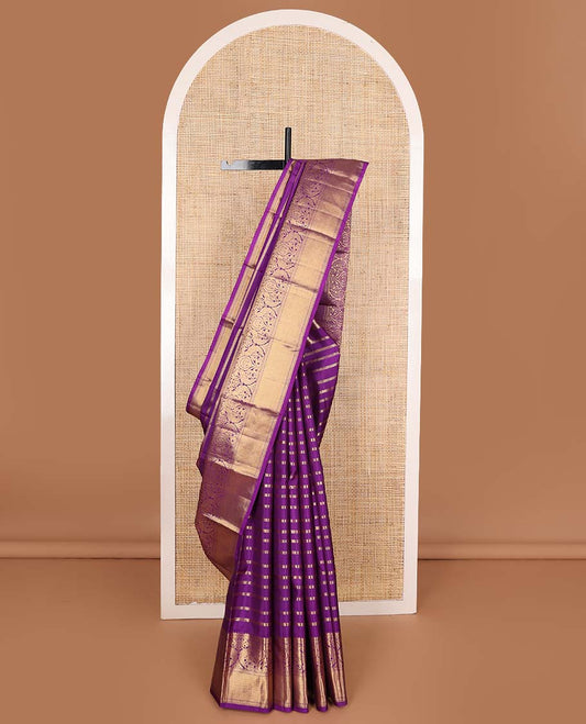 Purple neli, and kathir buttas Kanchipuram silks saree, zari border of thilakam, kathir, mayil, and mayil kann designa, and intricate pallu