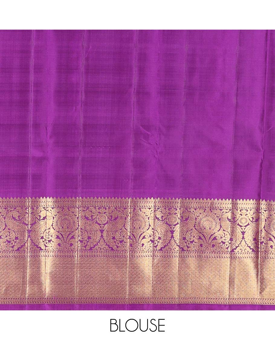 Purple neli, and kathir buttas Kanchipuram silks saree, zari border of thilakam, kathir, mayil, and mayil kann designa, and intricate pallu