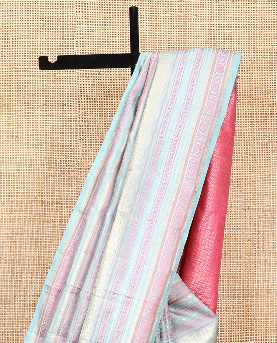 Borderless pastel blue traditional motifs steeped Kanchipuram silk saree, contrast pallu of mayil kann designs