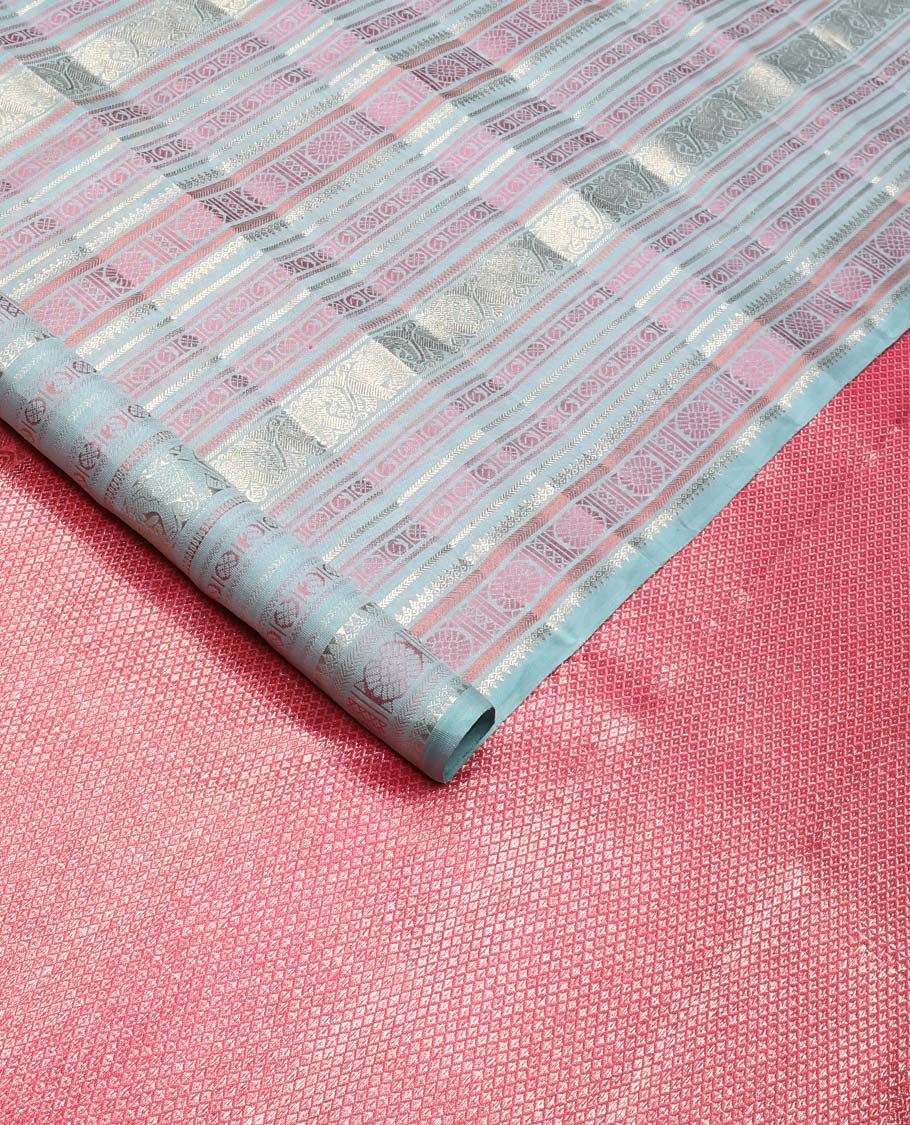 Borderless pastel blue traditional motifs steeped Kanchipuram silk saree, contrast pallu of mayil kann designs