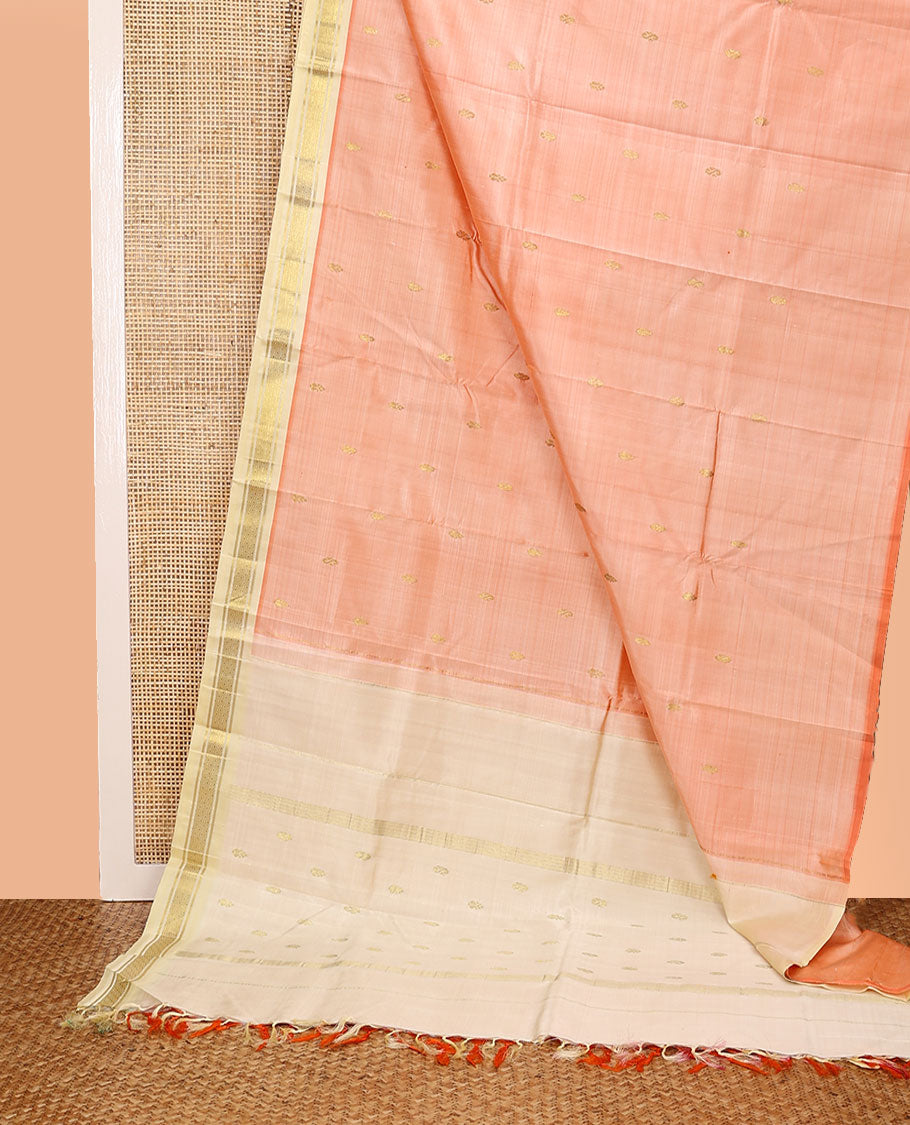 Peach Kanchipuram Silk Saree, Detailed with Zari Buttas All Over Its Body, Complemented by a Contrast One-Sided Border of Banaras, and Mayil Kann Designs, Pallu of Zari Designs, and Comes Without a Blouse