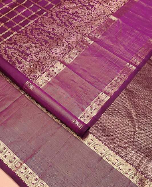 Purple thick zari checked with Mughal buttas designer saree, rettai pettu border of thilakam mokku, muthu, and chakram designs, and mayil kann design pallu