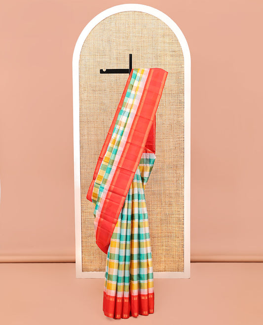 Multi-Color Checked Kanchipuram Silk Saree, a Contrast Bodi Border, Grand Pallu, and a Contrast Blouse