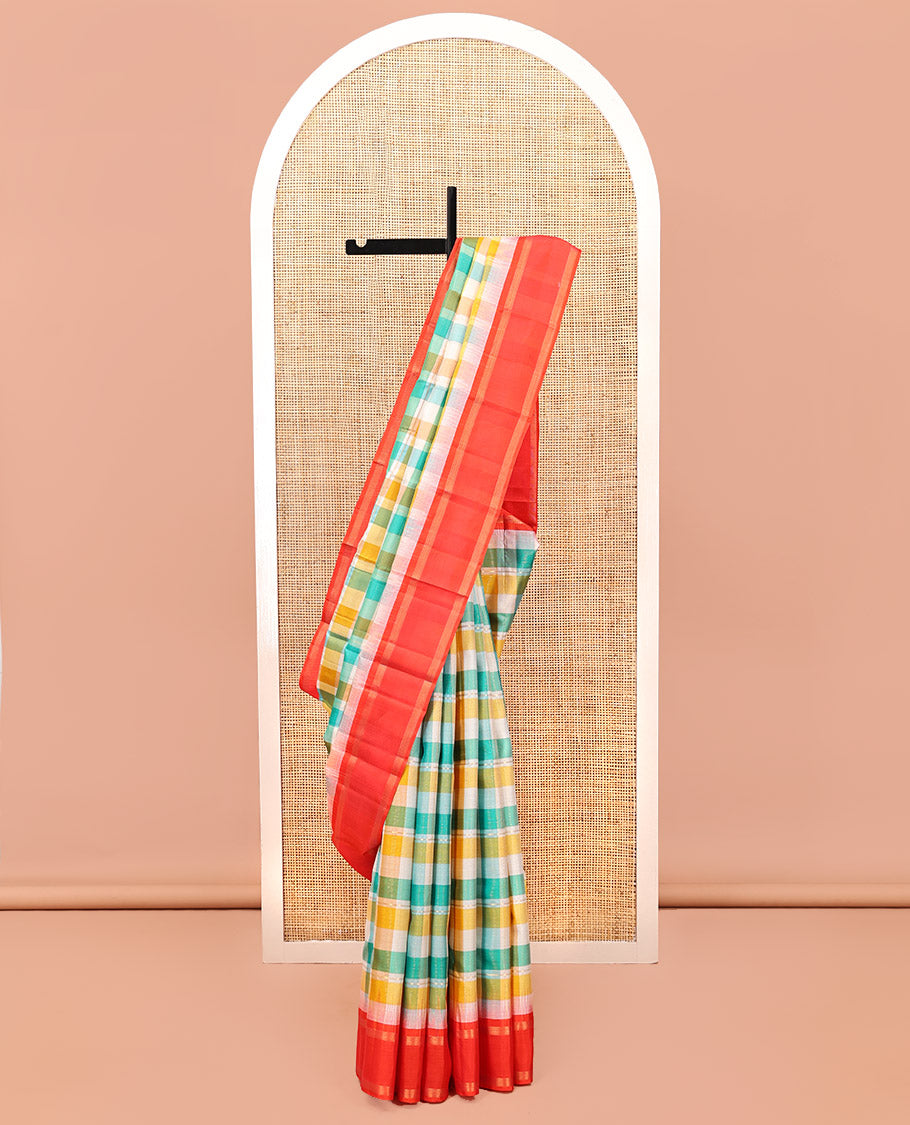 Multi-Color Checked Kanchipuram Silk Saree, a Contrast Bodi Border, Grand Pallu, and a Contrast Blouse