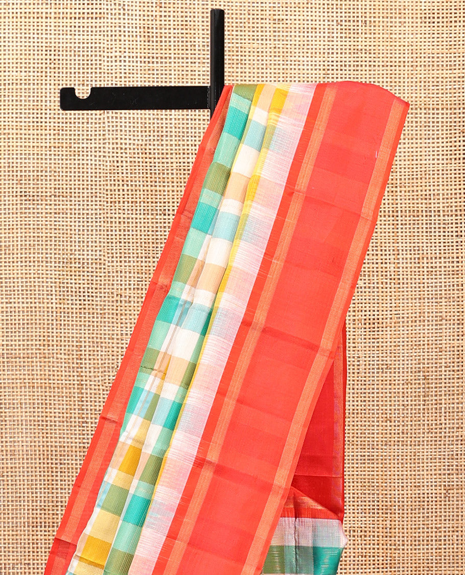 Multi-Color Checked Kanchipuram Silk Saree, a Contrast Bodi Border, Grand Pallu, and a Contrast Blouse